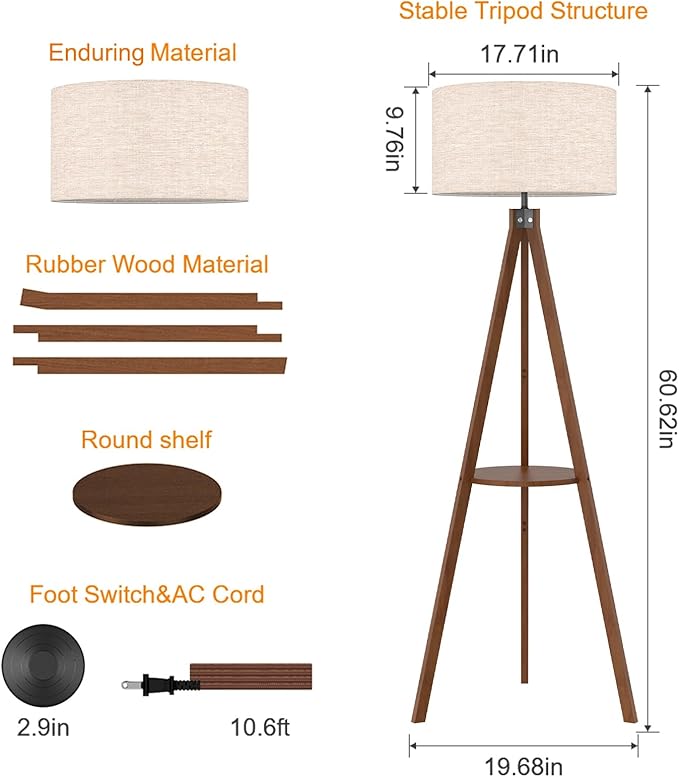 LEPOWER Tripod Floor Lamp, Mid Century Wood Standing Lamp, Modern Design Shelf Floor Lamp for Living Room, Bedroom, Office, Flaxen Lamp Shade with E26 Lamp Base Brown - LeafyLoom