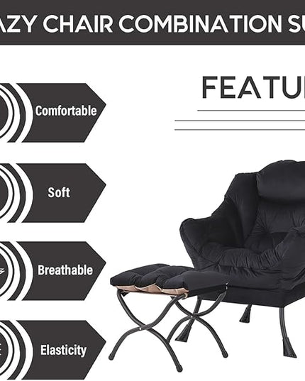 LITA Lazy Chair with Ottoman, Modern Accent Leisure Upholstered Sofa Chair, Contemporary Lounge Reading Chair with Armrests and a Side Pocket for Living Room, Bedroom & Small Space, Black - LeafyLoom