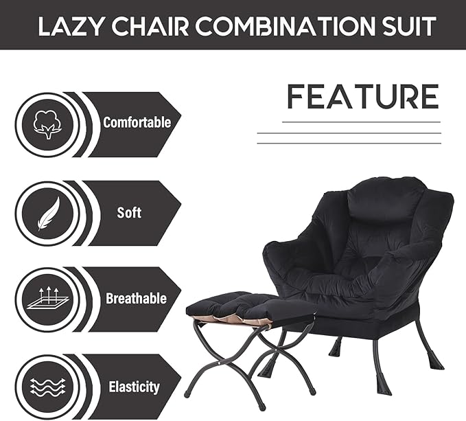 LITA Lazy Chair with Ottoman, Modern Accent Leisure Upholstered Sofa Chair, Contemporary Lounge Reading Chair with Armrests and a Side Pocket for Living Room, Bedroom & Small Space, Black - LeafyLoom