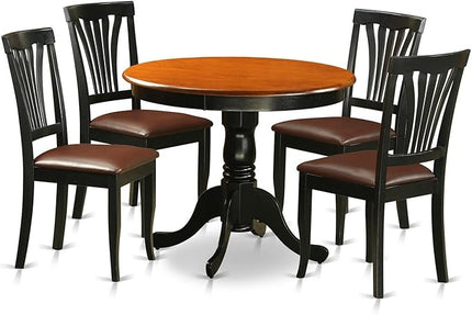 East West Furniture ANAV5-BLK-LC 5 Piece Dinette Set for 4 Includes a Round Kitchen Table with Pedestal and 4 Faux Leather Dining Room Chairs, 36x36 Inch - LeafyLoom