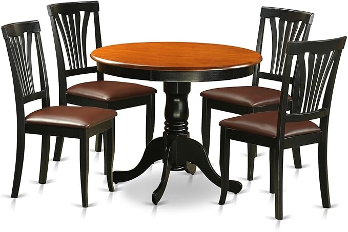 East West Furniture ANAV5-BLK-LC 5 Piece Dinette Set for 4 Includes a Round Kitchen Table with Pedestal and 4 Faux Leather Dining Room Chairs, 36x36 Inch - LeafyLoom