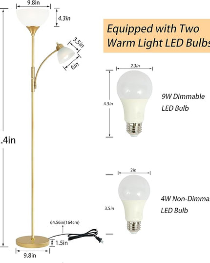 Floor Lamp, Standing lamp, 3 Levels Dimmable Brightness, Included 9W and 5W LED Bulbs, Lamp for Living Room, Bedroom, Office, Reading - LeafyLoom