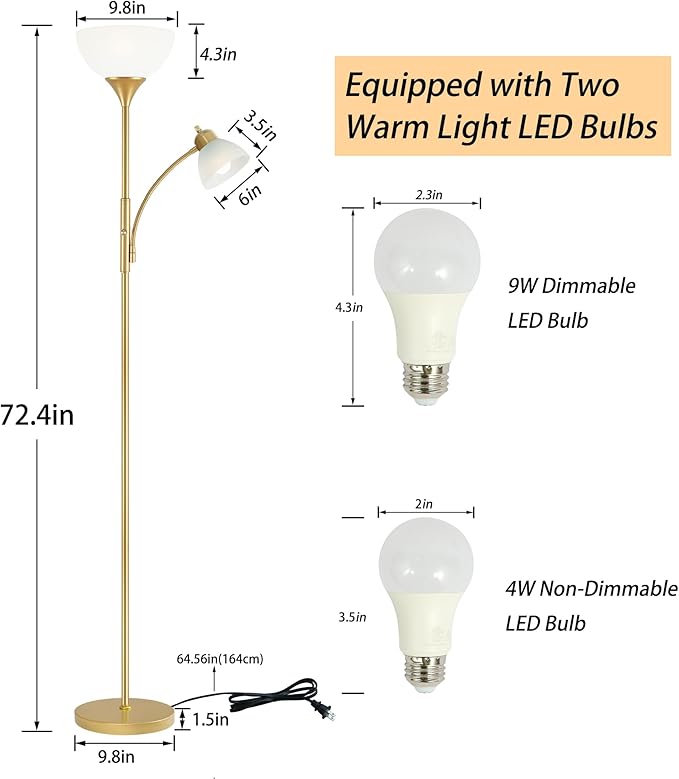Floor Lamp, Standing lamp, 3 Levels Dimmable Brightness, Included 9W and 5W LED Bulbs, Lamp for Living Room, Bedroom, Office, Reading - LeafyLoom