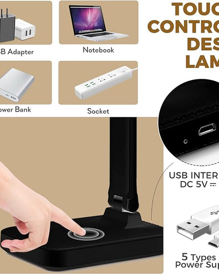 LED Desk Lamp with Touch Control, Reading Lamp No Flicker, 3 Color Modes, Foldable Table Lamp, Eye Caring Reading Light for Office, Home, Dormitory, USB Interface DC5V 1A(Black) - LeafyLoom