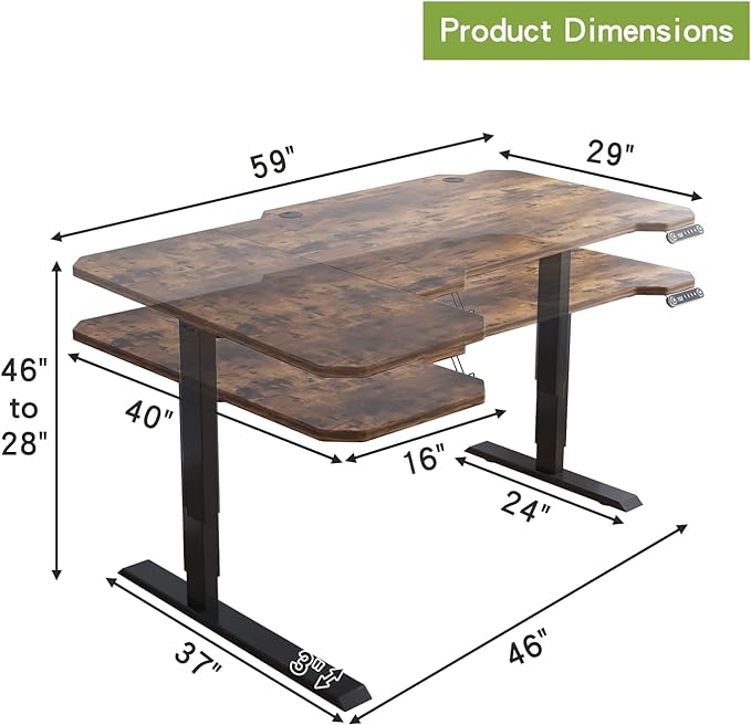 Radlove 59-Inch Large Electric Height Adjustable Computer L-Shaped Desk with Memory Controller Corner Standing Desk Modern Workstation with Splice Board Ergonomic Desk (Black Frame + Rustic Brown Top) - LeafyLoom