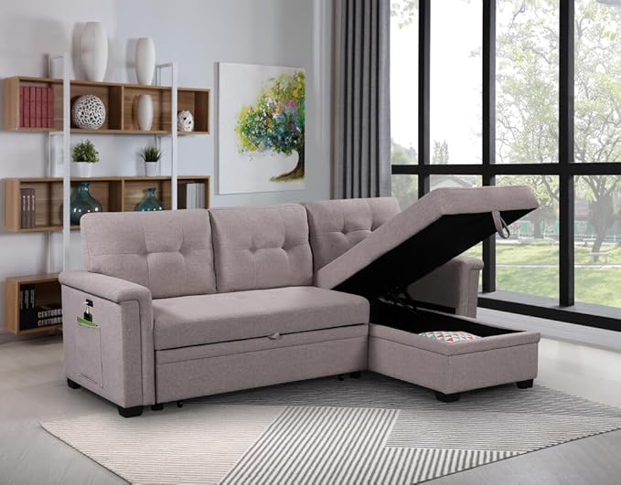 84Inch Sofa with USB Charging Ports and Pocket,Solid Wood Frame Dsign, Linen Reversible w/Storage Chaise and Pull-Out Sleeper for Home, Small Space Apartment, 84 Inch, Light Gray - LeafyLoom