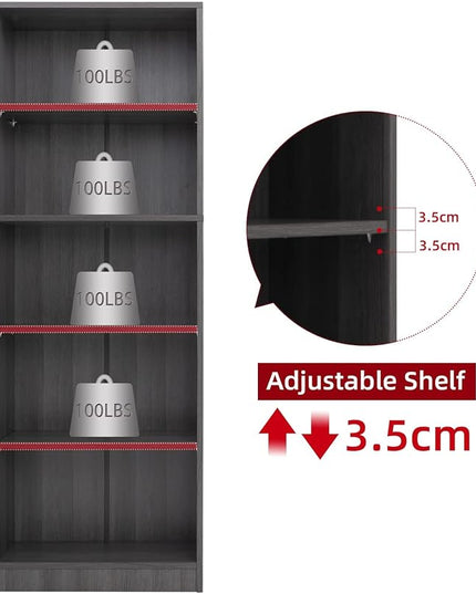 5 Shelf Wood Bookcase Freestanding Display Shelf Adjustable Layers Bookshelf for Home Office Library Small Narrow Space (Grey, 5-Layers,24.4W x 11.6D x 68.9H inch) - LeafyLoom