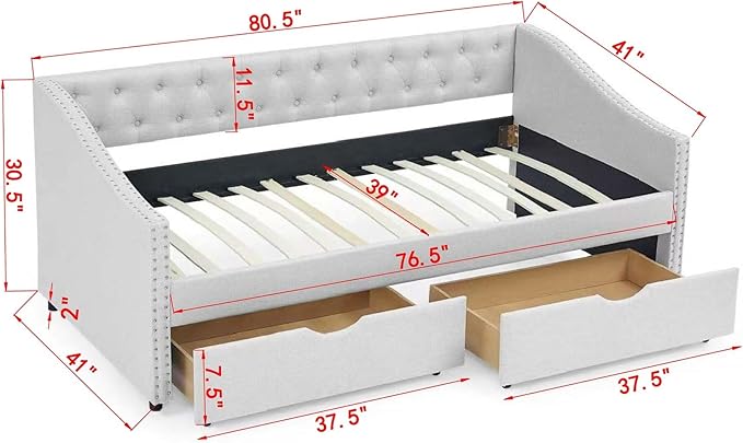 Upholstered Twin Size Daybed with Two Storage Trundle Drawers, Solid Wooden Bed Frame w/Button Tufted Backrest, No Box Spring Needed, for Kids, Bedroom, Dorm - LeafyLoom