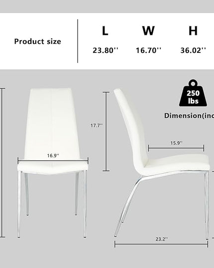 Modern Faux Leather Dining Chairs Set of 4, Padded Seat Dining Side Chairs, Upholstered Chair with Metal Legs for Kitchen, Living Room, Dining Room, White Chairs+Silver Legs - LeafyLoom