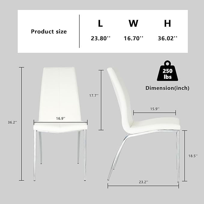 Modern Faux Leather Dining Chairs Set of 4, Padded Seat Dining Side Chairs, Upholstered Chair with Metal Legs for Kitchen, Living Room, Dining Room, White Chairs+Silver Legs - LeafyLoom