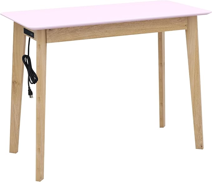 TaoHFE Pink Vanity Table with Rubber Wood Legs Small Spaces Girl Vanity Desk Glossy Pink 39 Inch Makeup Desk with USB Dressing Table No Mirror Computer Desk for Home Modern Vanity Desk for Bedroom - LeafyLoom