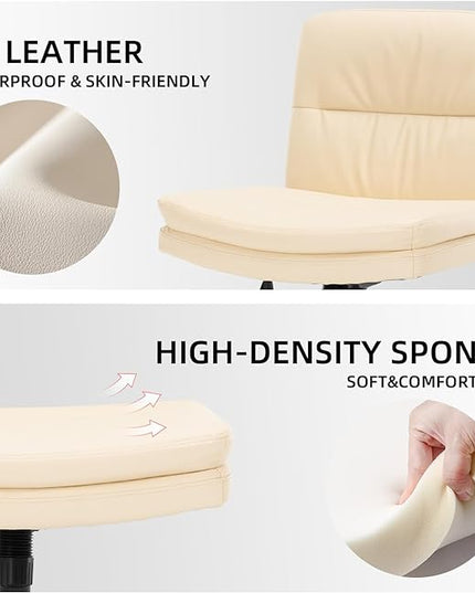 Armless Office Chair with Wheels Wide Desk Chair Leather Mid Back Accent Chair Padded Swivel Vanity Chair for Girl Women Computer Task Chair for Home Office (Leather, Beige) - LeafyLoom