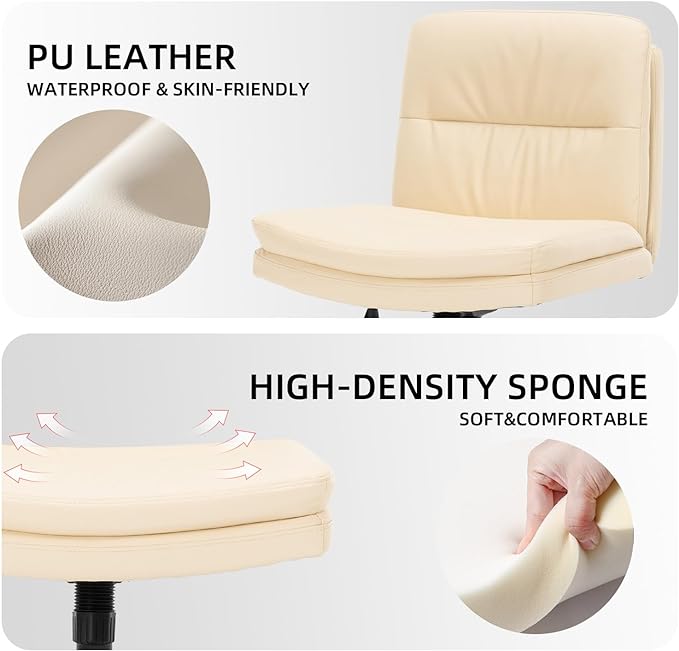 Armless Office Chair with Wheels Wide Desk Chair Leather Mid Back Accent Chair Padded Swivel Vanity Chair for Girl Women Computer Task Chair for Home Office (Leather, Beige) - LeafyLoom