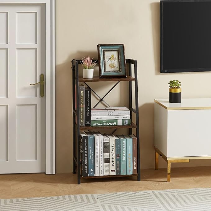 3 Tier Bookshelf, Industrial Bookcase Wood Storage Shelf with Metal Frame for Living Room, Bedroom and Office - LeafyLoom