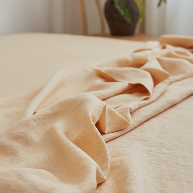 Simple&Opulence 100% Linen Sheet Set Solid Color-4 Pcs Washed French Linen Bed Sheets(1 Flat Sheet,1 Fitted Sheet,2 Pillowcases)-Breathable Bedding Set (Queen, Sand) - LeafyLoom