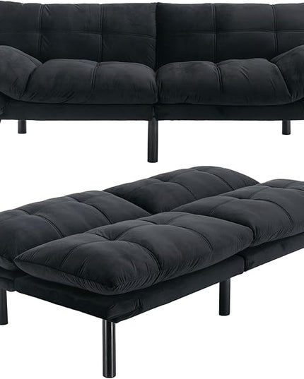 Velvet Convertible Futon Sofa Bed, 71" Comfy Loveseat Sleeper Sofa with Adjustable Backrest Armrest, Strengthen Wood, 7" Thick Padded Cushion, Small 2 Seater Couch for Living Room, Bedroom - LeafyLoom
