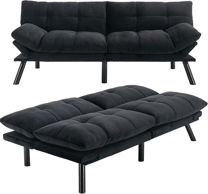 Velvet Convertible Futon Sofa Bed, 71" Comfy Loveseat Sleeper Sofa with Adjustable Backrest Armrest, Strengthen Wood, 7" Thick Padded Cushion, Small 2 Seater Couch for Living Room, Bedroom - LeafyLoom