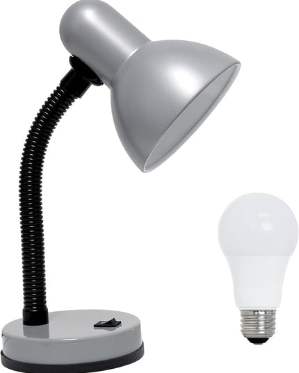 Simple Designs LD1003-SLV-LB 14.25" Basic Metal Desk Lamp with Flexible Hose Neck for Office, Living Room, Bedroom, College Dorm, Bookshelf, Silver, with Feit LED Bulb Included - LeafyLoom