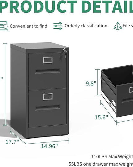 2 Drawer File Cabinet,Metal Filing Cabinets with Lock,Black Vertical File Cabinet for Home Office,Heavy Duty Metal Storage Cabinet for A4/Letter/Legal Size File,Assembly Required - LeafyLoom