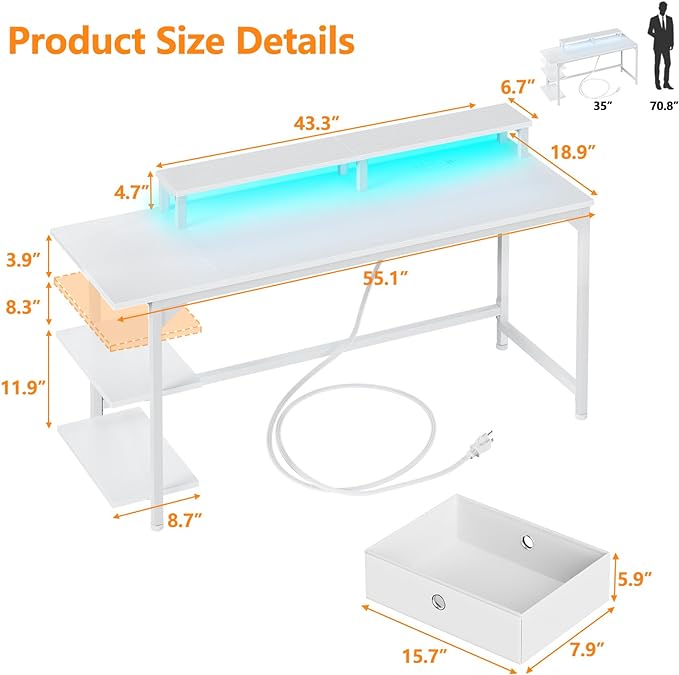 Furologee White Gaming Desk with Charging Station and LED Lights, 55" Office Computer Desk with Reversible Shelves and Fabric Drawer, Study Table with Monitor Stand and 2 Hooks for Home Office - LeafyLoom