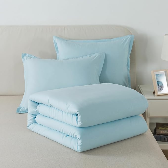 Queen Baby Blue Comforter Set, Solid Lightweight Skin-friendly Boho Bedding Set & Collections, Breathable Fluffy Microfiber 3 PCS (90"x90") Comforter Set for All Seasons with Pillowcases - LeafyLoom
