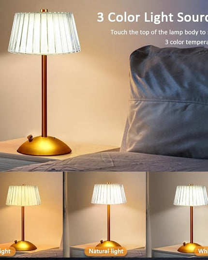 Cordless Metal Desk Lamp, Touch Sensor Control LED Table Lamp,3 Color Stepless Dimmable Battery Powered Lamp,Night Light for Kids Nursery,Bedroom/Desk/Cafe (Gold) - LeafyLoom
