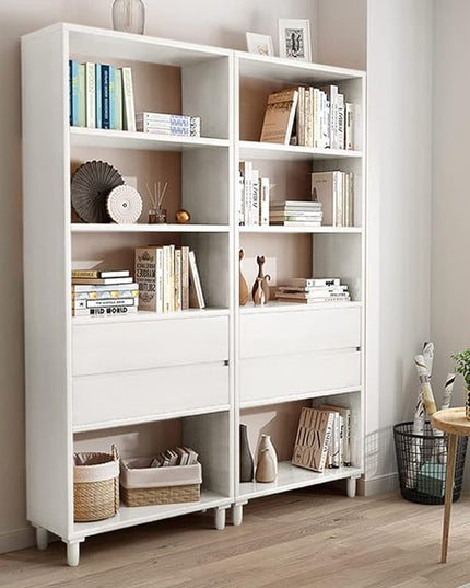 IOTXY Floorstanding Wooden Bookcase with Legs - 67" Tall Open Shelves Cube Billy Bookshelf with Drawers for Home and Office, White - LeafyLoom