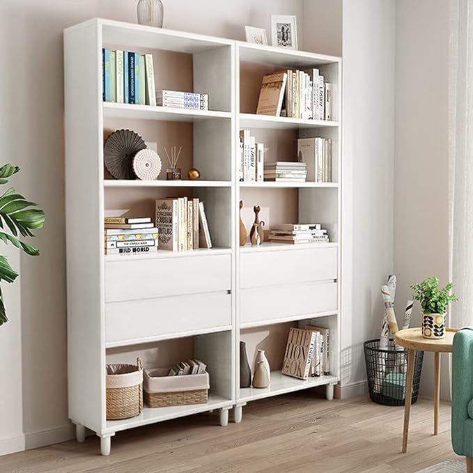 IOTXY Floorstanding Wooden Bookcase with Legs - 67" Tall Open Shelves Cube Billy Bookshelf with Drawers for Home and Office, White - LeafyLoom