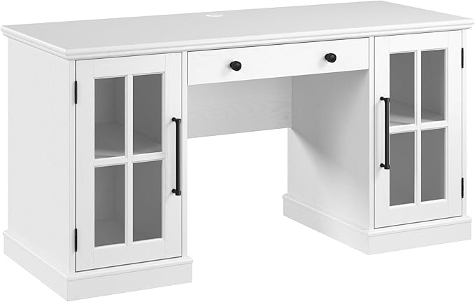 Bush Furniture Westbrook 60W Computer Desk with Storage and Keyboard Tray in White Ash | Farmhouse Desk for Home Office Workspace - LeafyLoom