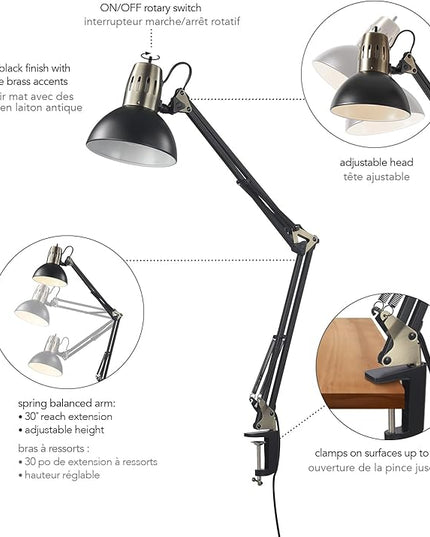 Globe Electric 62000009 32" Multi-Joint Desk Lamp with Metal Clamp, Matte Black, Antique Brass Accents, On/Off Rotary Switch on Shade, Partially Adjustable Swing Arm, Home Décor, Office Accessory - LeafyLoom