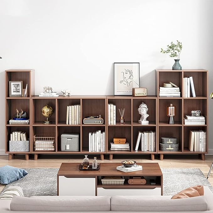 IOTXY Freestanding Open Cubes Bookcase - 2-Tier Floor Standing Wooden Storage Display Cabinet Organizer with Legs for Home Office, 6-Cubes Open Shelf Low Short Bookshelf, Walnut - LeafyLoom