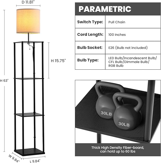 Moooni Modern Floor Lamp with Shelves Black Shelf Floor Lamp with White Linen Shape Corner Storage Floor Lamp for Living Room Bedroom Office - LeafyLoom