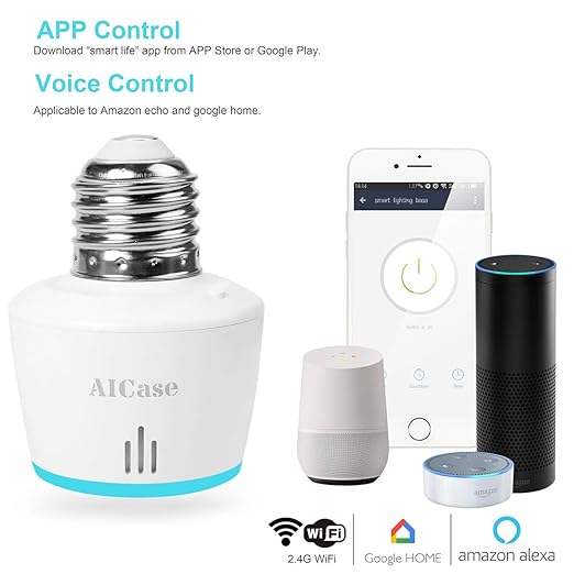 AICase Smart WiFi E27/E26 Light Socket, [2 Pack] Intelligent WLAN Home Remote Control Light Lamp Bulb Holder Compatible with Alexa and Google Home-White AICase