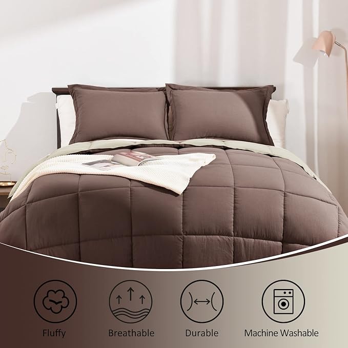 Basic Beyond Twin Comforter Set for Girls and Boys - Fluffy Twin Bed Comforter Set for All Seasons - Reversible Kids Twin Comforter Set - 2 Pieces (1 Comforter + 1 Pillow Sham) - Brown/Ivory - LeafyLoom