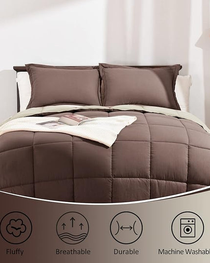 Basic Beyond King Size Comforter Set - Fluffy King Bed Comforter Set for All Seasons - Reversible Bedding King Size Comforter Set - 3 Pieces (1 Comforter + 2 Pillow Shams) - Brown/Ivory - LeafyLoom