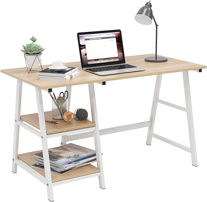 SogesHome Computer Desk 47inches Trestle Desk PC Desk with Shelf Office Desk Workstation for Home Office Use Writing Table,Maple - LeafyLoom
