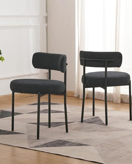 EDWELL Black Boucle Dining Chairs Set of 2, Mid Century Modern Kitchen Dining Chairs with 3.94” Cushions and Metal Legs, Round Upholstered Boucle Chairs for Kitchen, Living Room - LeafyLoom