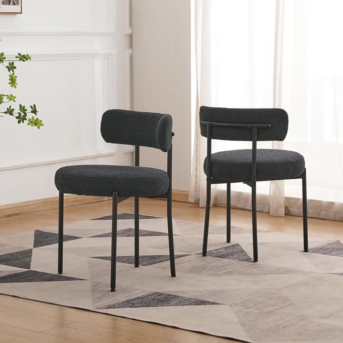 EDWELL Black Boucle Dining Chairs Set of 2, Mid Century Modern Kitchen Dining Chairs with 3.94” Cushions and Metal Legs, Round Upholstered Boucle Chairs for Kitchen, Living Room - LeafyLoom
