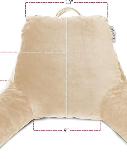 Clara Clark Reading Pillow for Kids, Small Back Pillow for Sitting Up in Bed, Memory Foam Back Support Pillow, Reading Pillows for Sitting in Bed, Beige Cream Gaming Pillow with Arms and Pockets - LeafyLoom