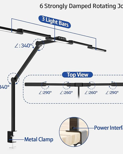 Transformable LED Desk Lamp, 41.5" Large Architect Desk Lamp with Clamp, 3 Light Bars Desk Light for Home Office, 24W Auto Dimming Office Lighting Table Light for L Shaped Desk - LeafyLoom