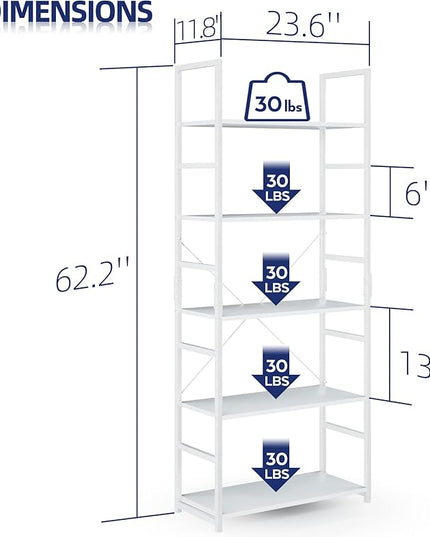 NUMENN 5 Tier Bookshelf, Tall Bookcase Shelf Storage Organizer, Modern Book Shelf for Bedroom, Living Room and Home Office, White - LeafyLoom