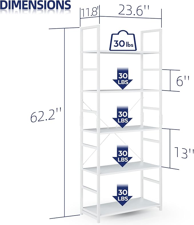 NUMENN 5 Tier Bookshelf, Tall Bookcase Shelf Storage Organizer, Modern Book Shelf for Bedroom, Living Room and Home Office, White - LeafyLoom