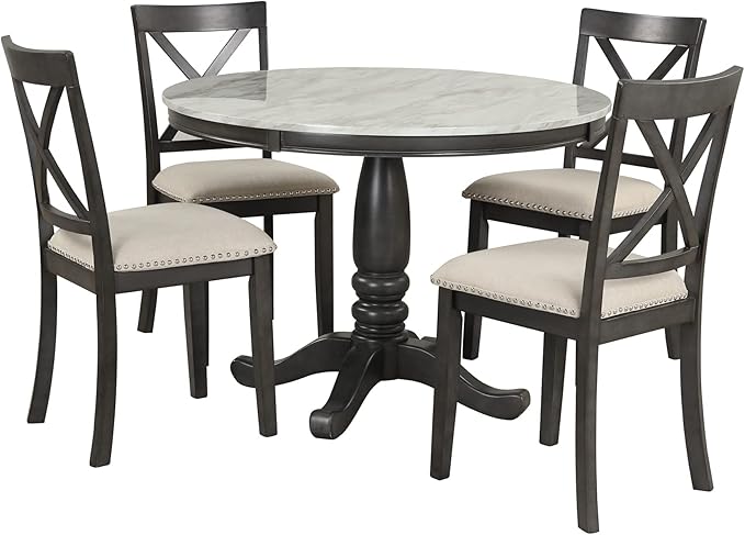 5-Piece Top Round Dining Table Set for 4 Persons, Curved Backrest Linen Fabric Chairs, Modern Wood Kitchen Furniture, OneSize, Gray Marble - LeafyLoom