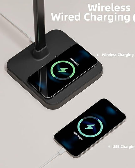Otdair LED Desk Lamp for Home Office with Wireless Charger, 5 Modes 24W Double Head Flexible Gooseneck Eye-Caring Reading Study Light, Architect Light 5 Brightness Adjustable with Timer (Black) - LeafyLoom