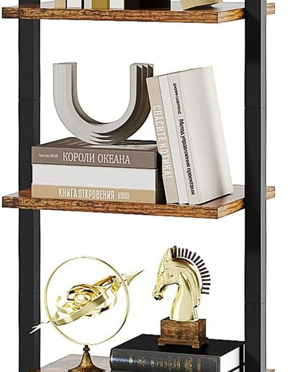 YMYNY 5 Tiers Ladder Bookcase, Industrial Wall Mounted Bookshelf, Open Display Rack with Metal Frame, Wooden Storage Shelves for Bedroom, Home Office, Plant Stand, Rustic Brown, 70*17.3*11.8"UHBC015H - LeafyLoom