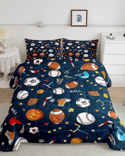 Feelyou Sports Theme Comforter Set 3D Blue Ball Bedding Set Baseball Football Basketball Comforter for Children Kids Boys Girls Microfiber Competitive Games Duvet Set Room Decor Quilt Set Queen Size - LeafyLoom