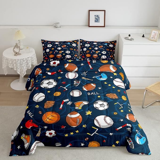 Feelyou Sports Theme Comforter Set 3D Blue Ball Bedding Set Baseball Football Basketball Comforter for Children Kids Boys Girls Microfiber Competitive Games Duvet Set Room Decor Quilt Set Queen Size - LeafyLoom