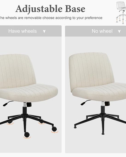 Sweetcrispy Criss Cross Chair Legged, Armless Office Desk Chair with Wheels, Swivel Vanity Chair, Height Adjustable Wide Seat Computer Task Chair, Fabric Vanity Modern Home Chair White - LeafyLoom
