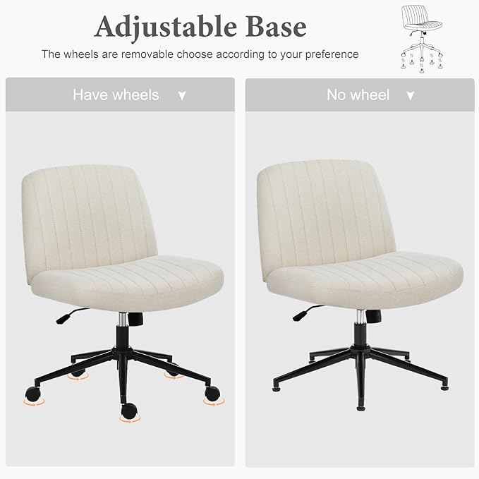 Sweetcrispy Criss Cross Chair Legged, Armless Office Desk Chair with Wheels, Swivel Vanity Chair, Height Adjustable Wide Seat Computer Task Chair, Fabric Vanity Modern Home Chair White - LeafyLoom