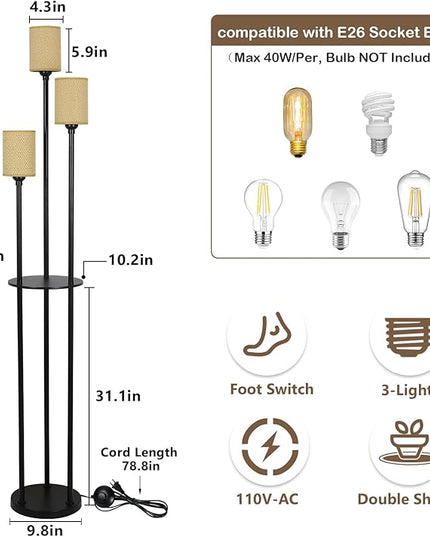 Boho Floor Lamp with Shelves, Black Floor Lamp with Hand-woven Shade, 3-Lights Corner Display Standing Lamp, Farmhouse Rustic Floor Lamps For Living Room, Bedroom, Office, Metal Tall Lamp for Reading - LeafyLoom